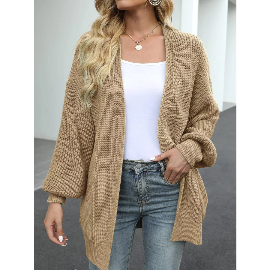Full Size Chunky Knit Open Front Cardigan Plus Size Khaki / S Apparel and Accessories