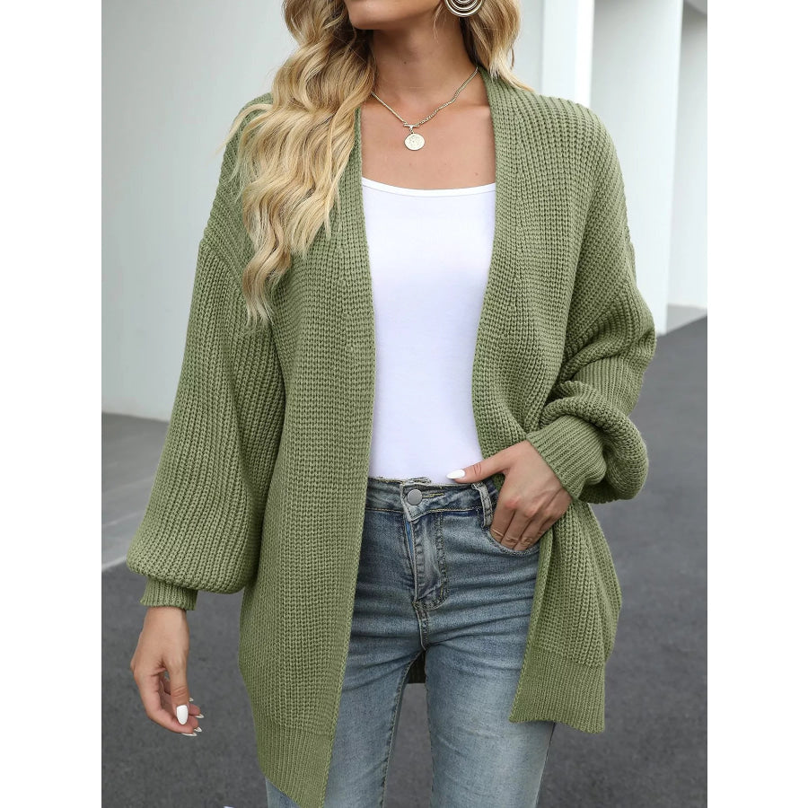Full Size Chunky Knit Open Front Cardigan Plus Size Matcha Green / S Apparel and Accessories
