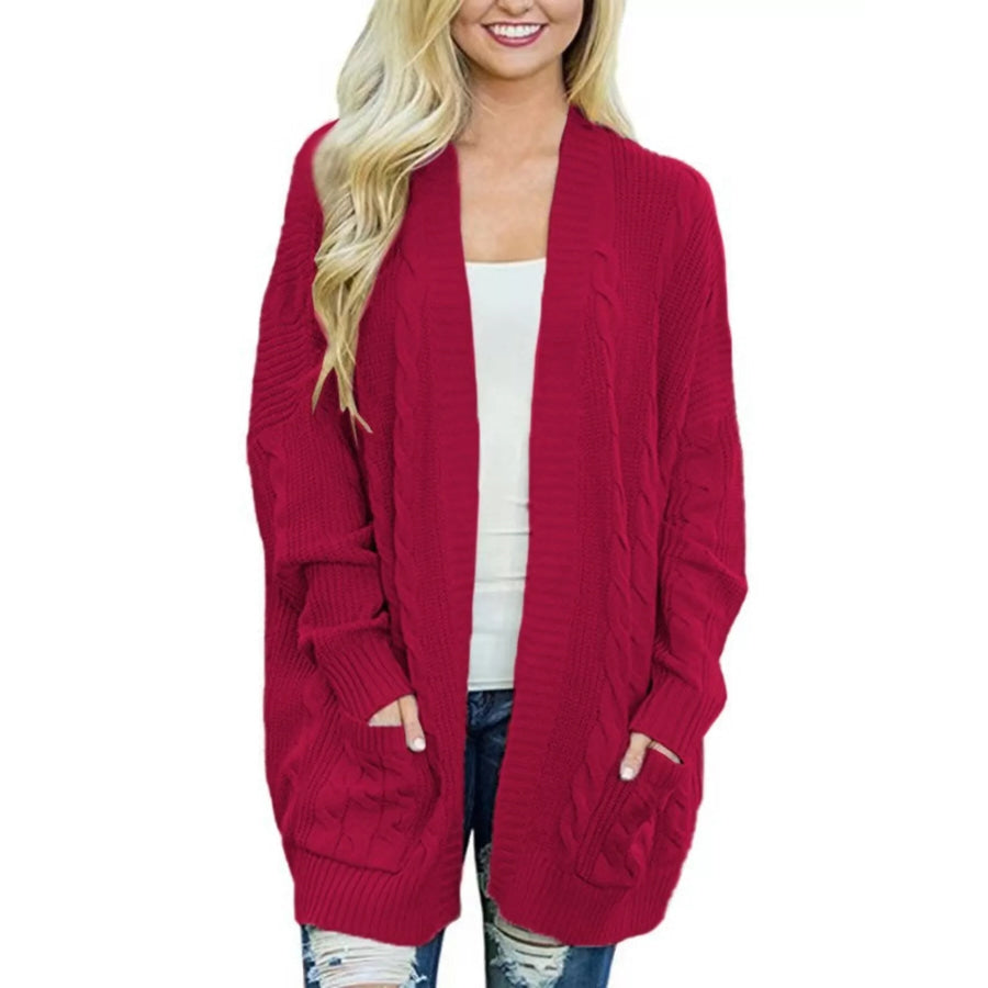 Full Size Chunky Knit Open Front Cardigan Plus Size Wine Red / S Apparel and Accessories