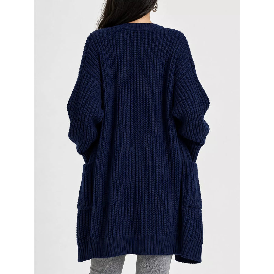 Full Size Chunky Knit Openwork Front Longline Cardigan Plus Apparel and Accessories