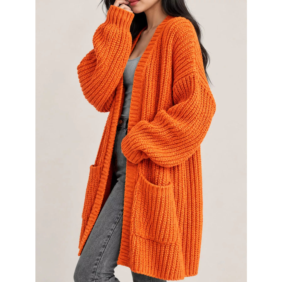 Full Size Chunky Knit Openwork Front Longline Cardigan Plus Apparel and Accessories