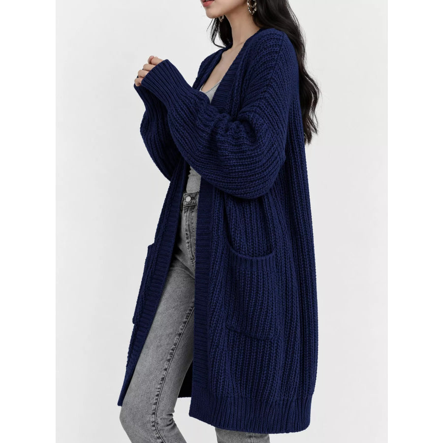 Full Size Chunky Knit Openwork Front Longline Cardigan Plus Apparel and Accessories