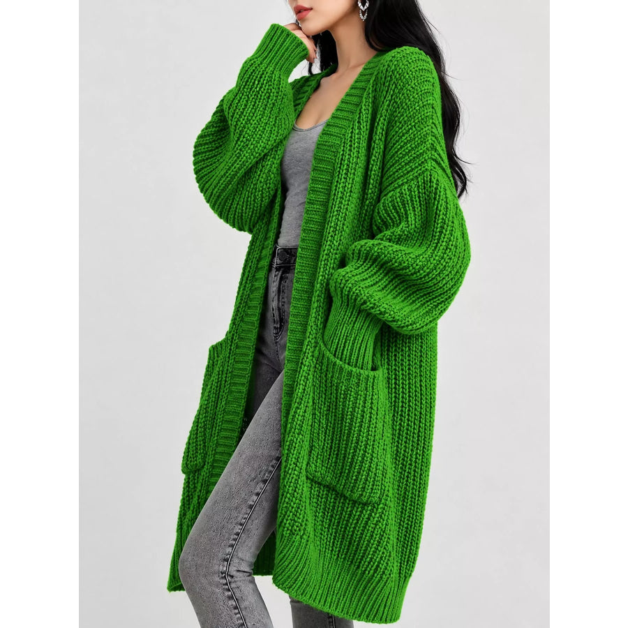 Full Size Chunky Knit Openwork Front Longline Cardigan Plus Green / 2XL Apparel and Accessories