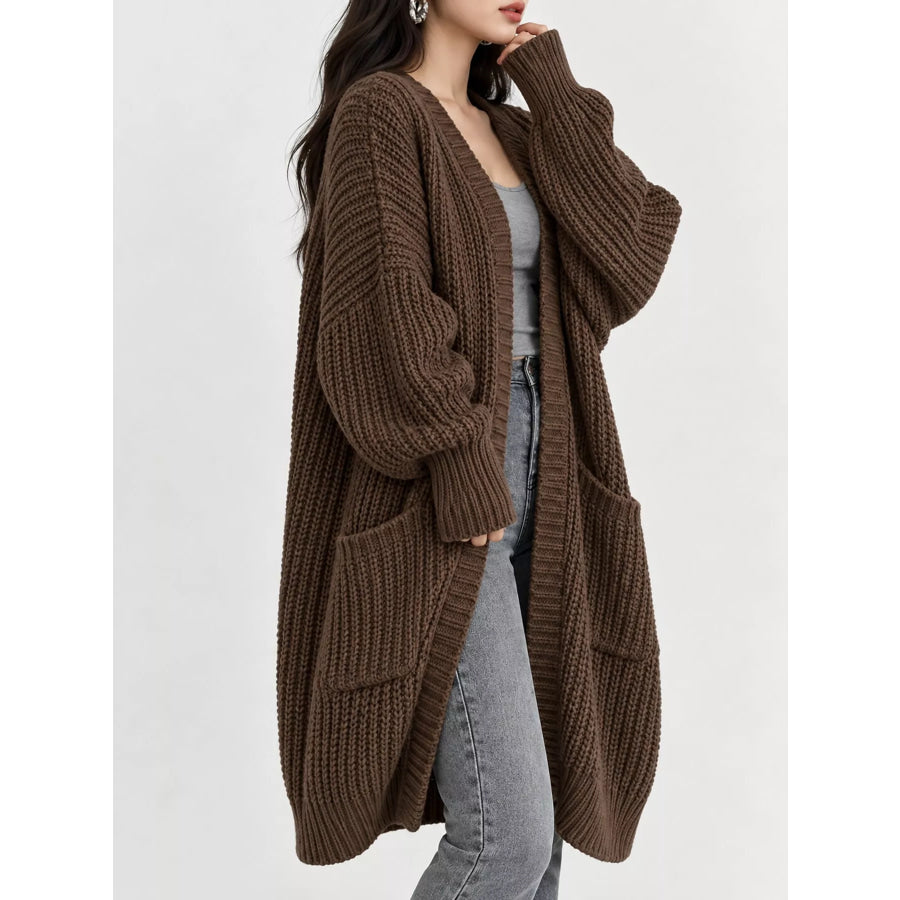 Full Size Chunky Knit Openwork Front Longline Cardigan Plus Apparel and Accessories