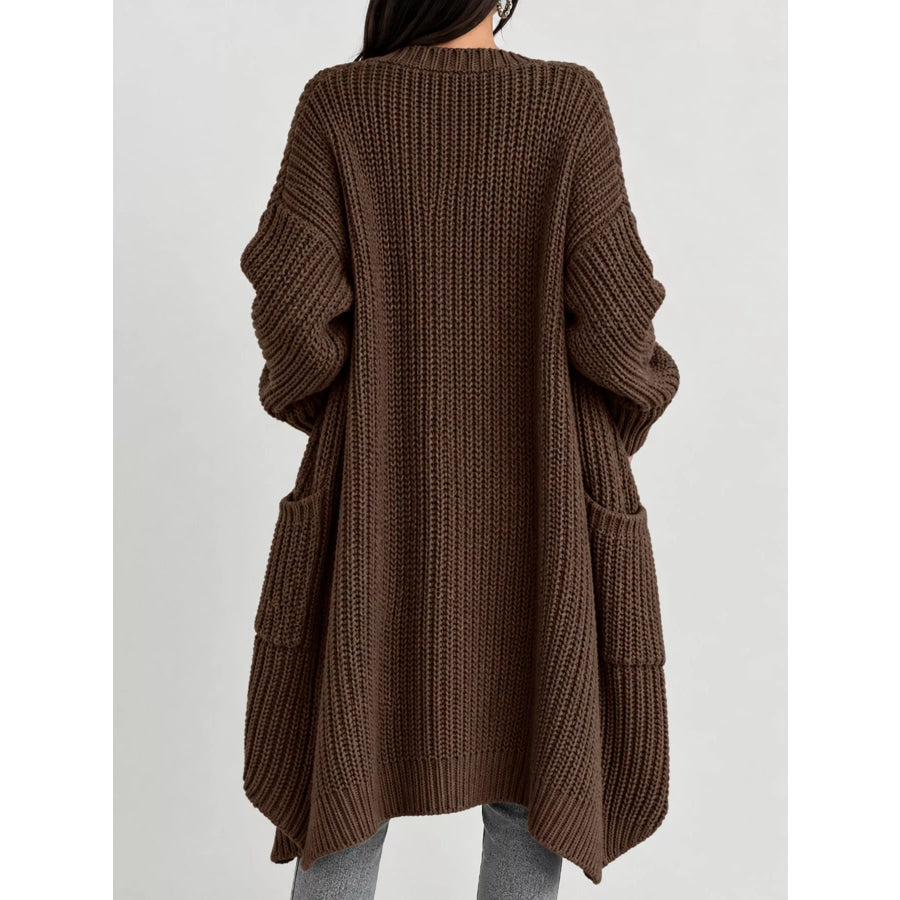 Full Size Chunky Knit Openwork Front Longline Cardigan Plus Apparel and Accessories