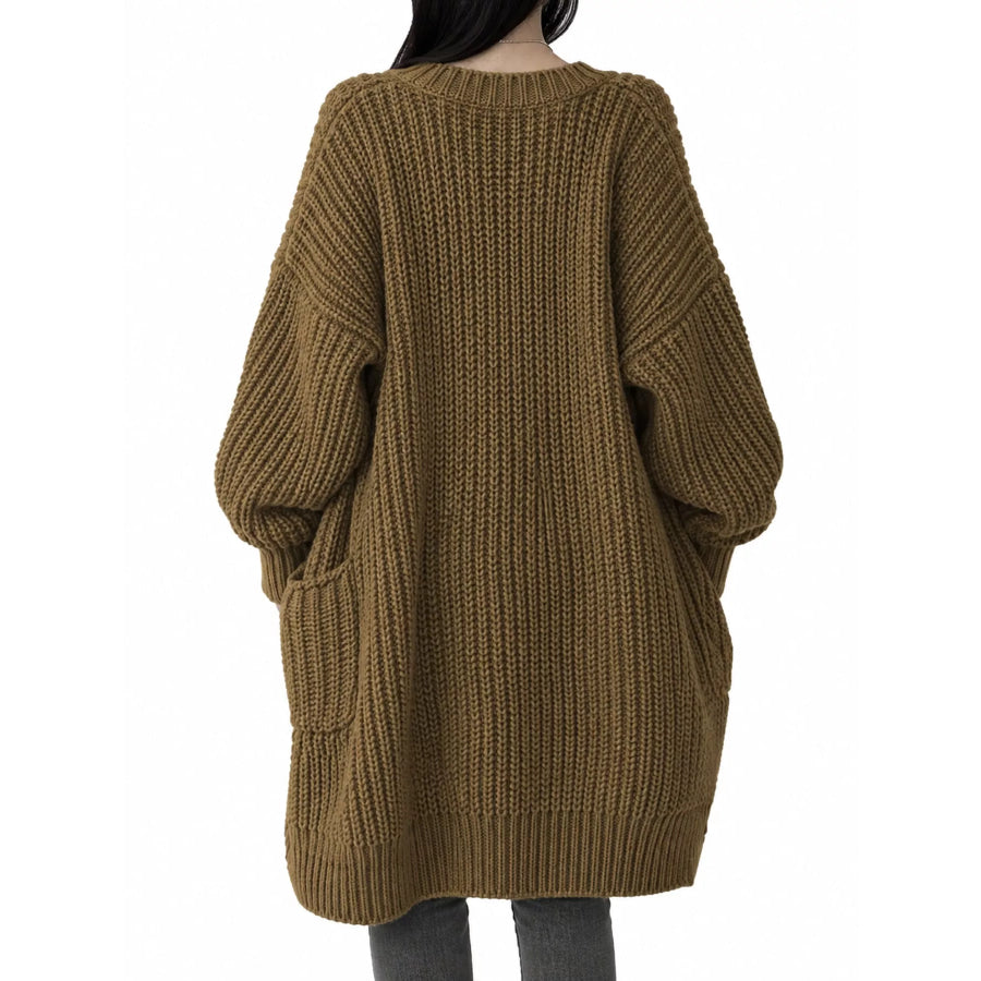 Full Size Chunky Knit Openwork Front Longline Cardigan Plus Apparel and Accessories