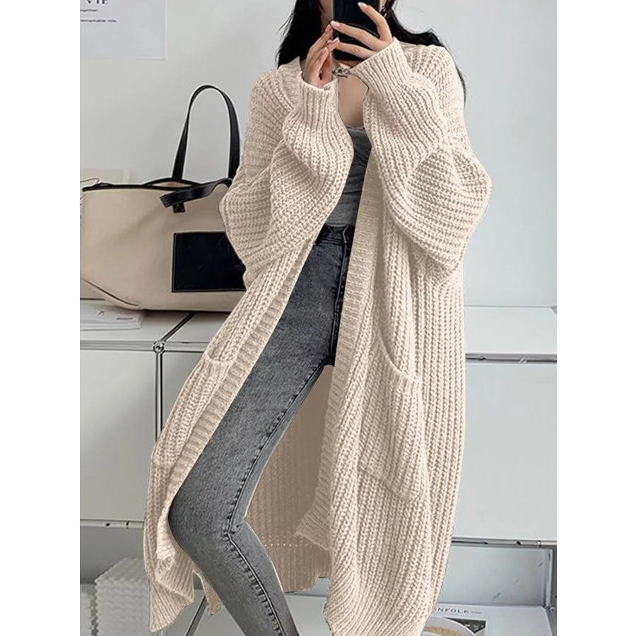 Full Size Chunky Knit Openwork Front Longline Cardigan Plus Apricot / S Apparel and Accessories