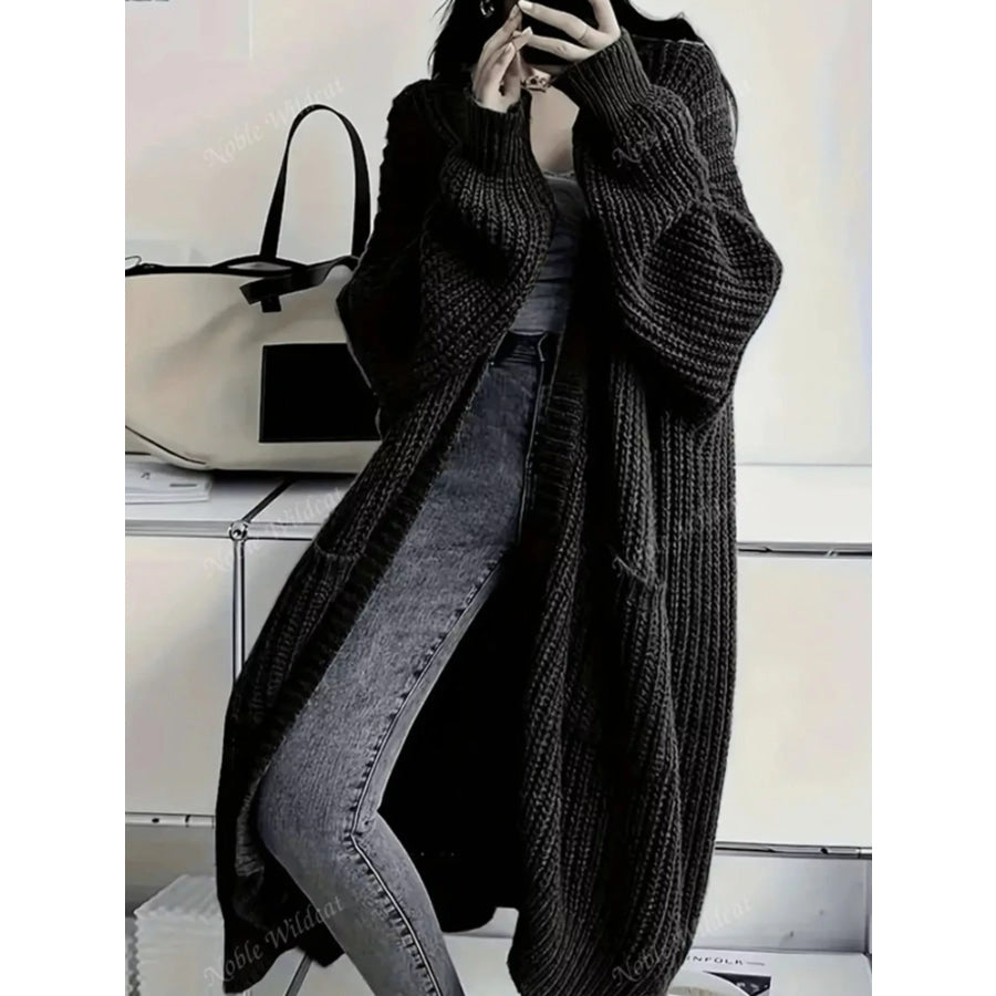 Full Size Chunky Knit Openwork Front Longline Cardigan Plus Black / M Apparel and Accessories