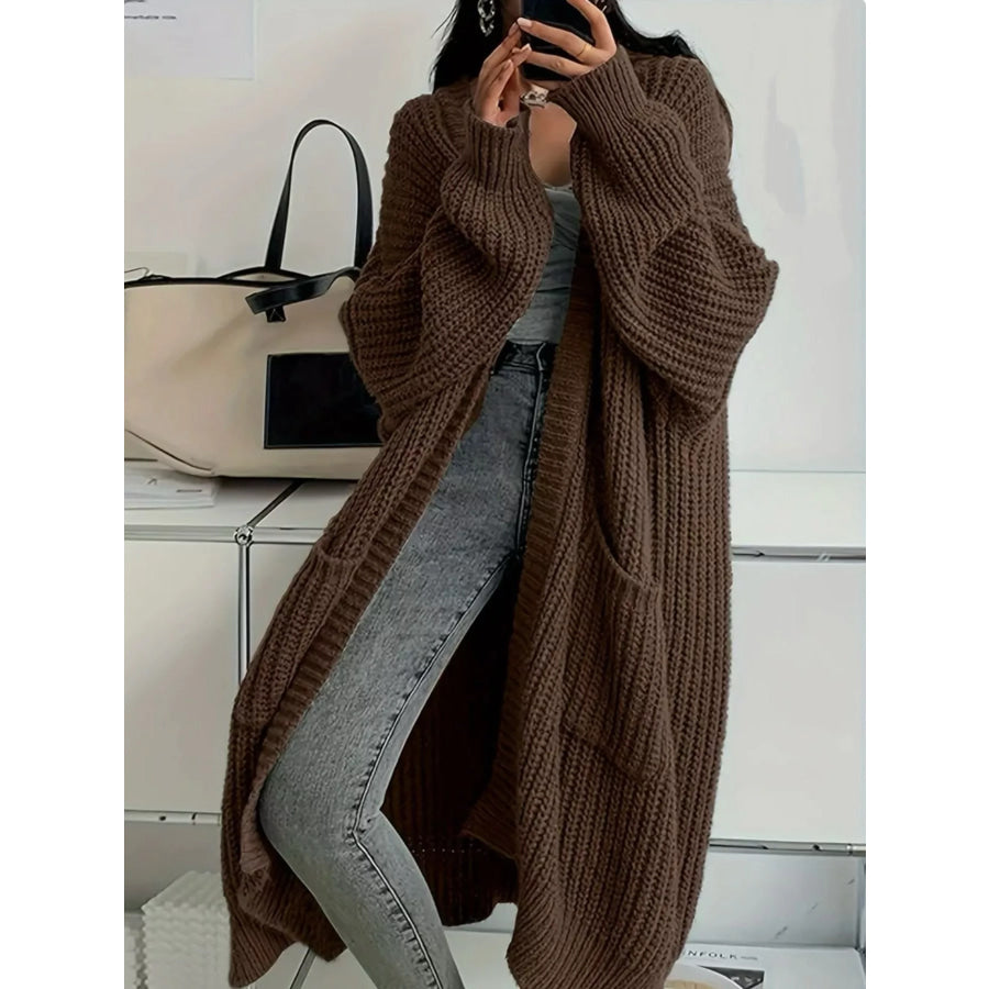 Full Size Chunky Knit Openwork Front Longline Cardigan Plus Coffee / S Apparel and Accessories
