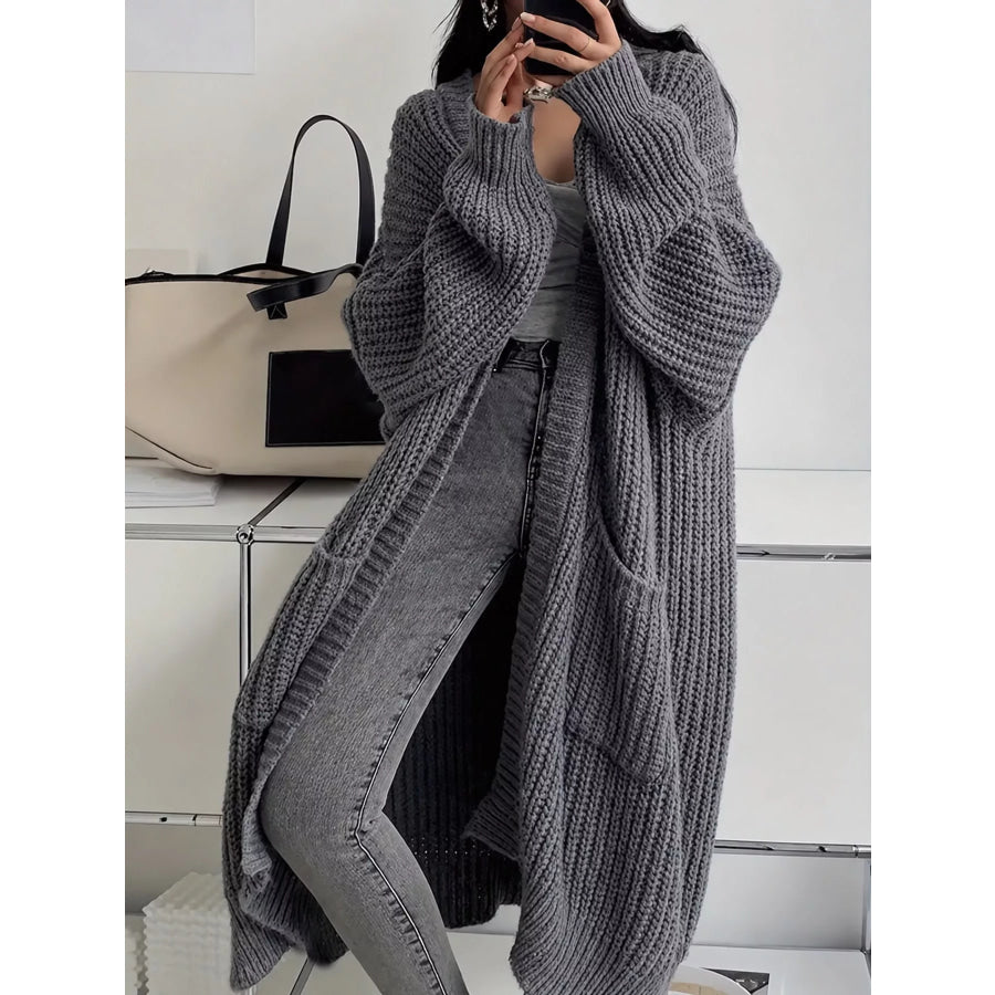 Full Size Chunky Knit Openwork Front Longline Cardigan Plus Dark Gray / S Apparel and Accessories