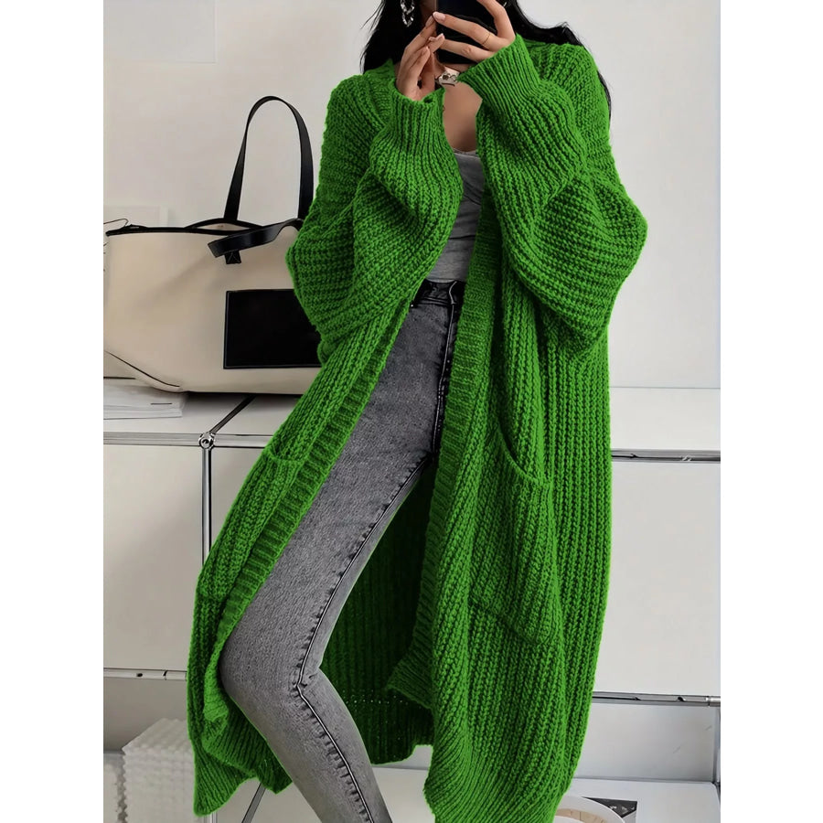 Full Size Chunky Knit Openwork Front Longline Cardigan Plus Green / 2XL Apparel and Accessories