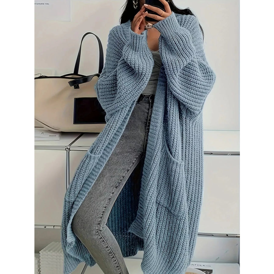 Full Size Chunky Knit Openwork Front Longline Cardigan Plus Light Blue / S Apparel and Accessories
