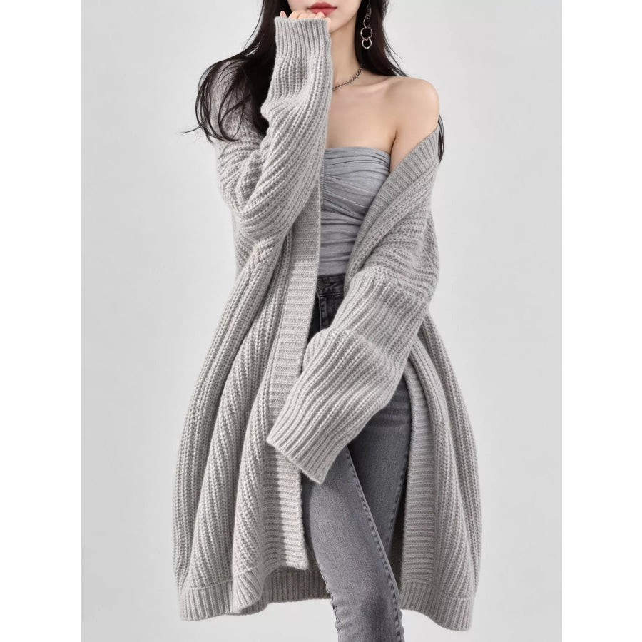 Full Size Chunky Knit Openwork Front Longline Cardigan Plus Light Gray / S Apparel and Accessories
