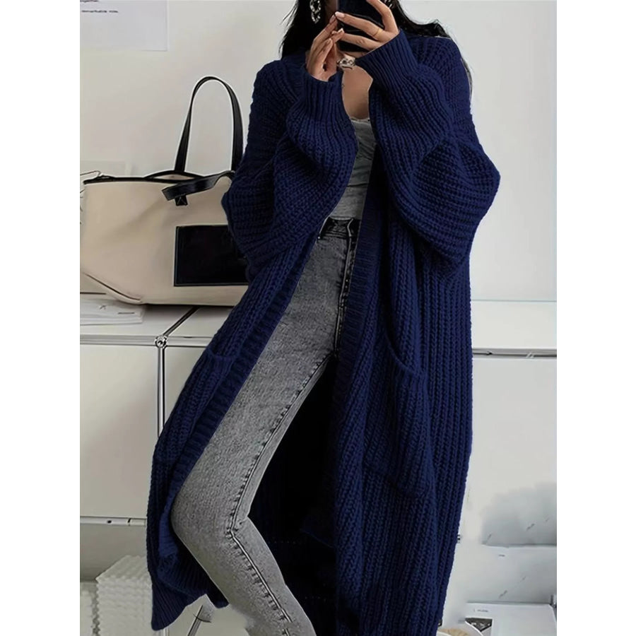 Full Size Chunky Knit Openwork Front Longline Cardigan Plus Navy / S Apparel and Accessories