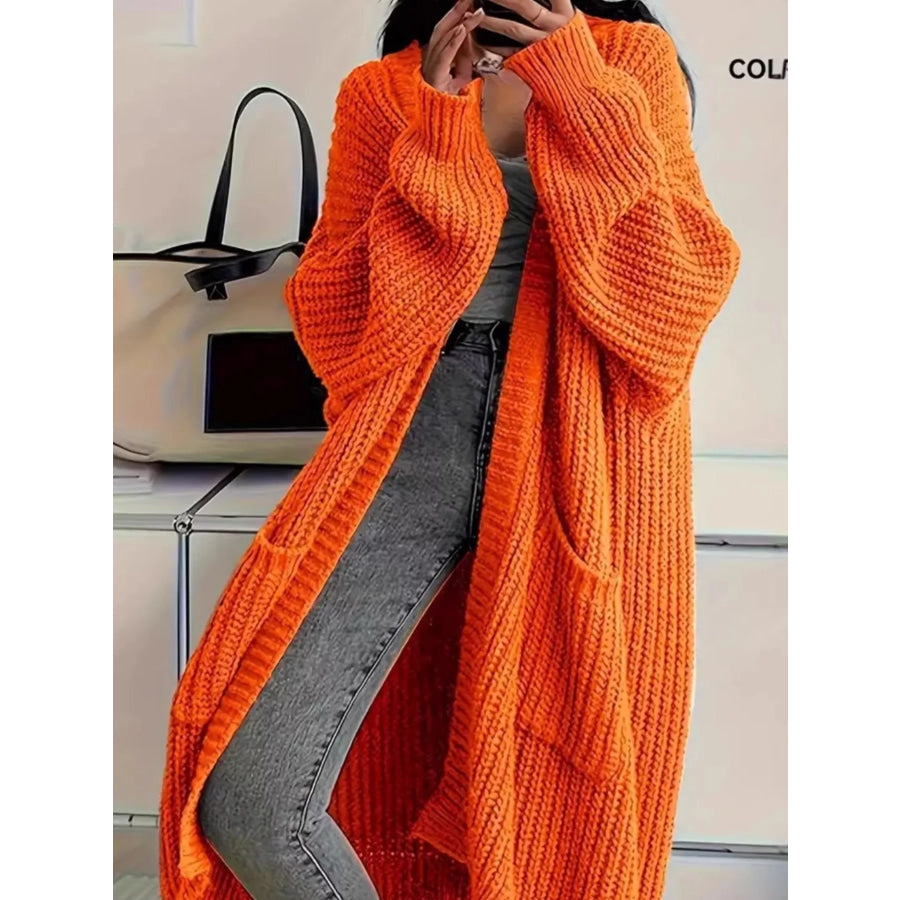 Full Size Chunky Knit Openwork Front Longline Cardigan Plus Orange / XL Apparel and Accessories