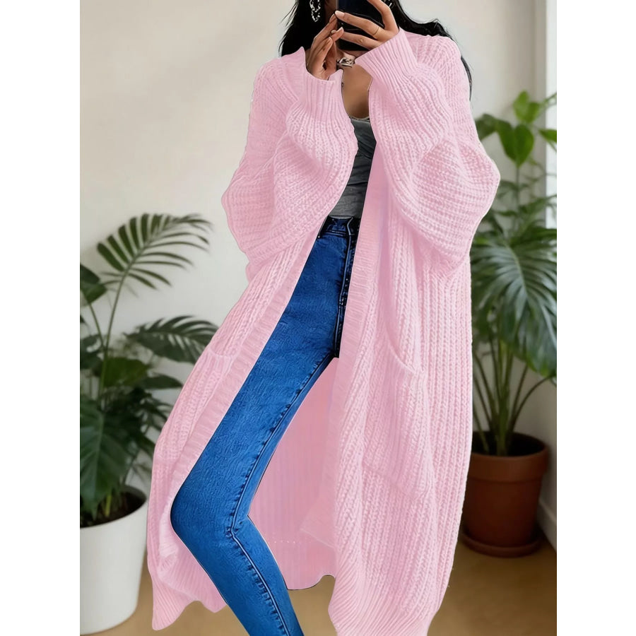 Full Size Chunky Knit Openwork Front Longline Cardigan Plus Pink / S Apparel and Accessories