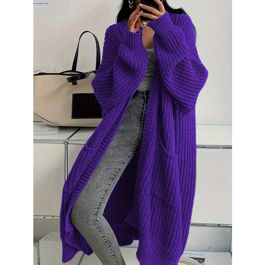 Full Size Chunky Knit Openwork Front Longline Cardigan Plus Purple / S Apparel and Accessories