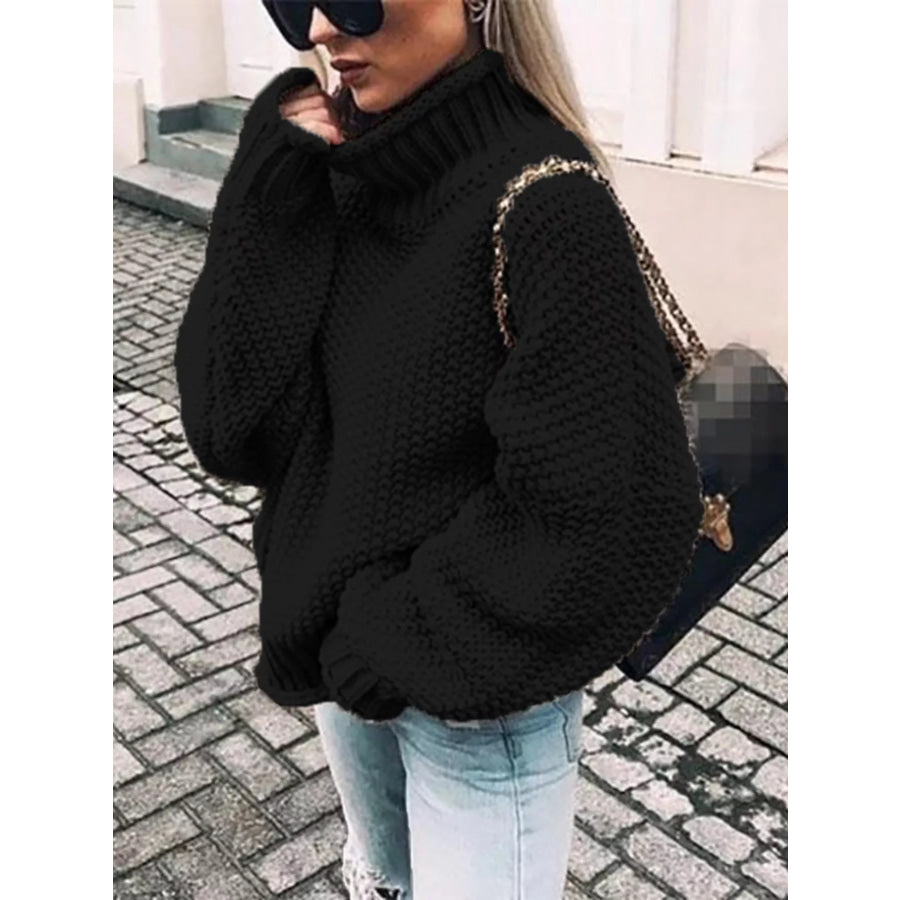 Full Size Chunky Knit Turtleneck Sweater Plus Size Black / S Apparel and Accessories