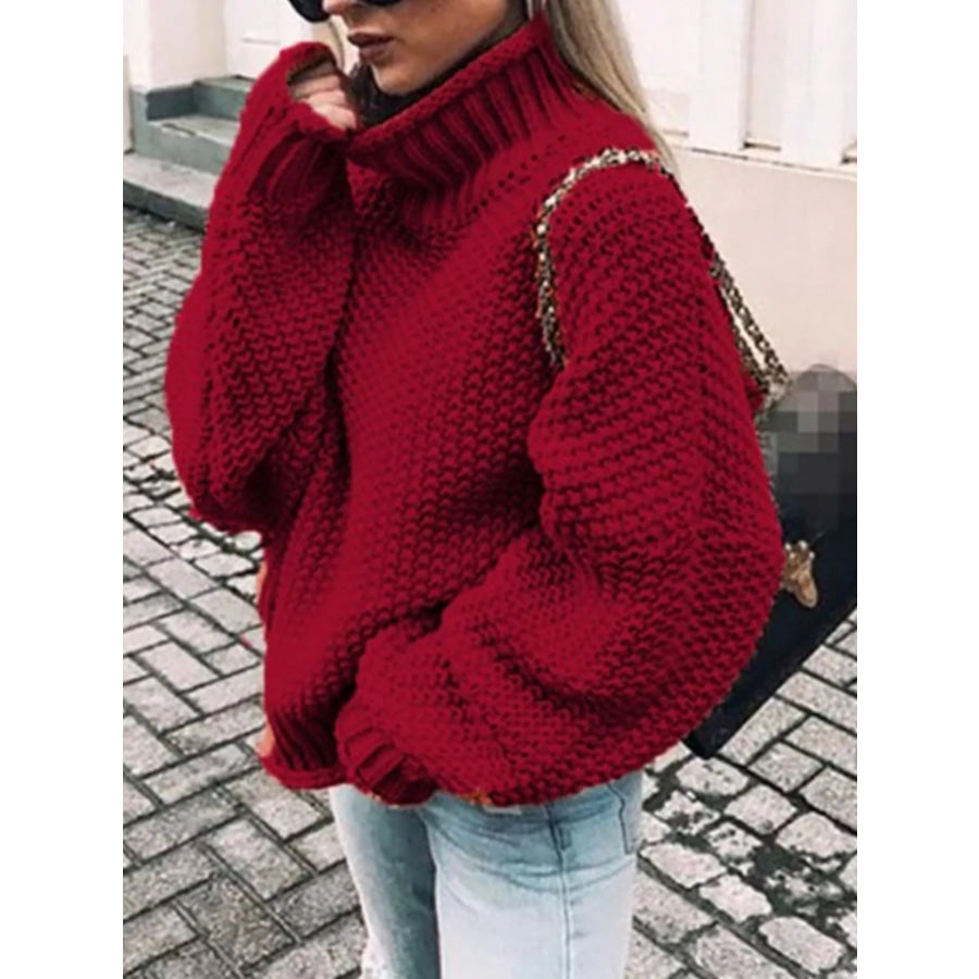 Full Size Chunky Knit Turtleneck Sweater Plus Size Burgundy / S Apparel and Accessories