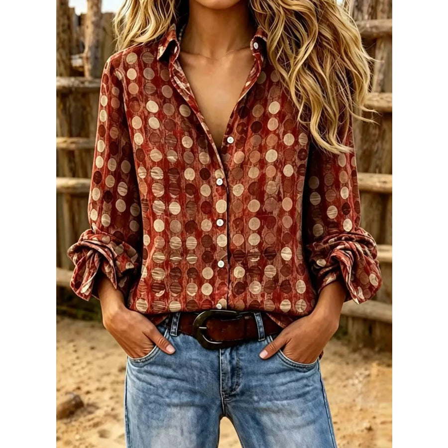 Full Size Circle Pattern Long Sleeve Shirt Plus Brown / S Apparel and Accessories
