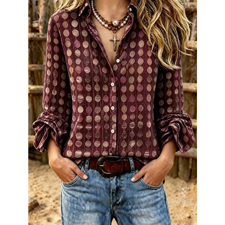 Full Size Circle Pattern Long Sleeve Shirt Plus Burgundy / S Apparel and Accessories