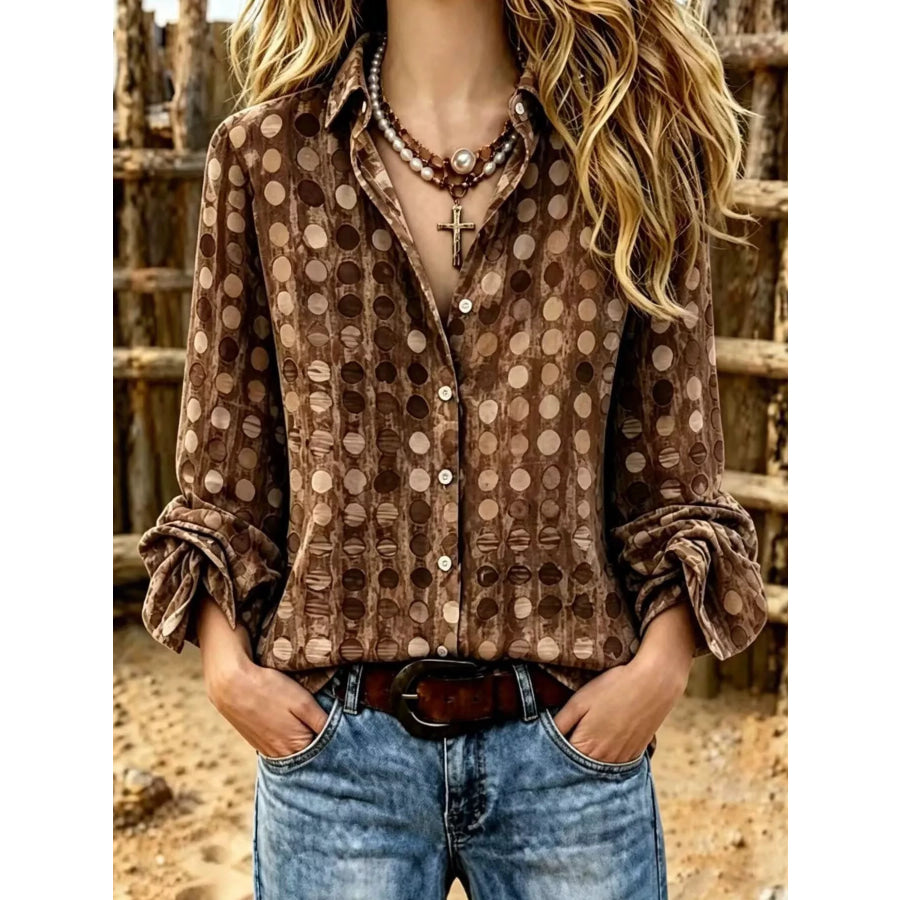 Full Size Circle Pattern Long Sleeve Shirt Plus Rust / S Apparel and Accessories