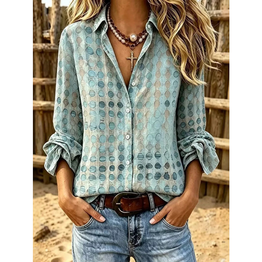 Full Size Circle Pattern Long Sleeve Shirt Plus Turquoise / S Apparel and Accessories