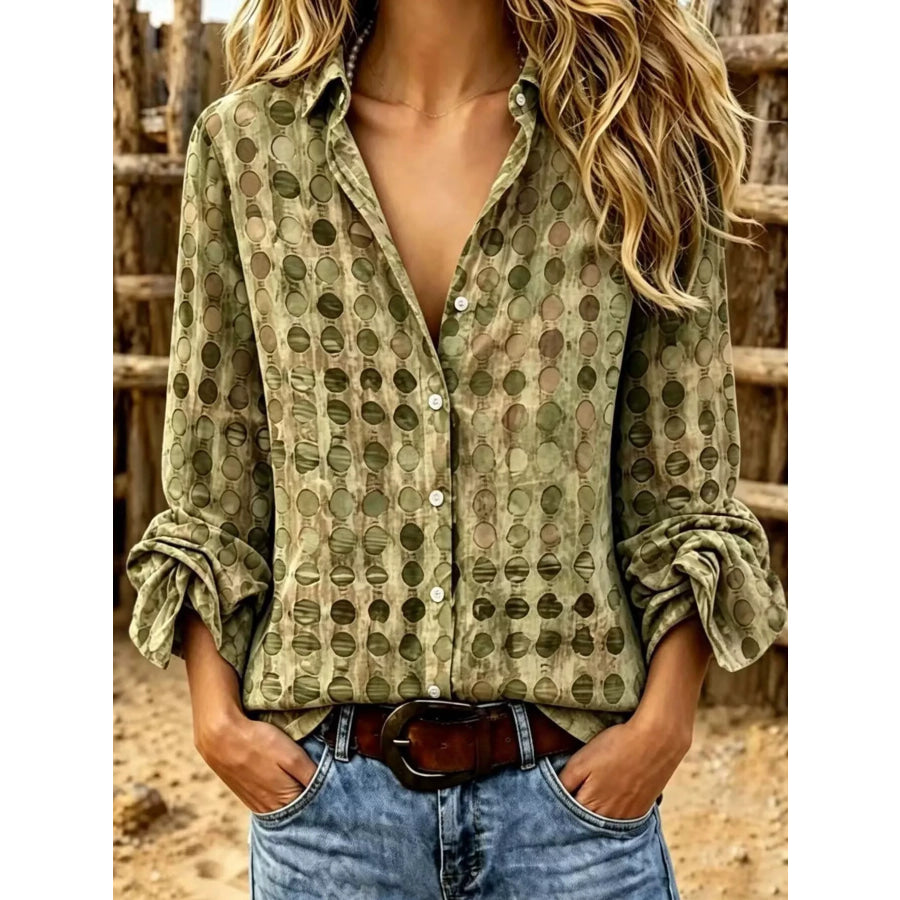 Full Size Circle Pattern Long Sleeve Shirt Plus Yellow-Green / S Apparel and Accessories