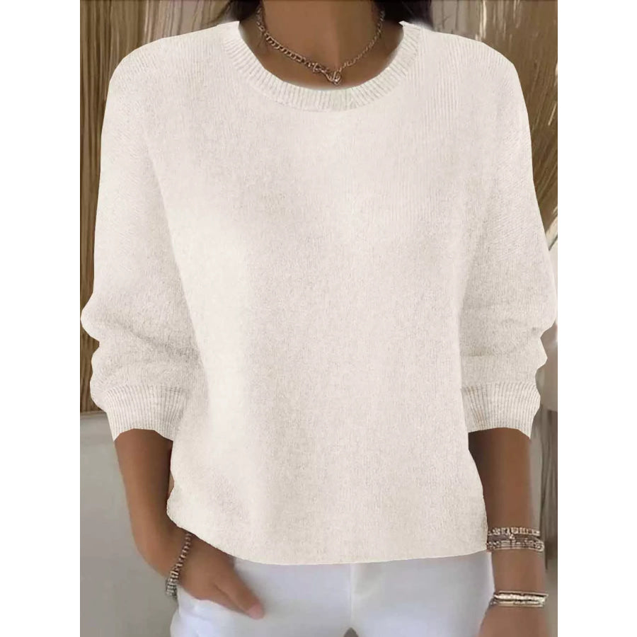 Full Size Classic Crew Neck Sweater Plus Apricot / S Apparel and Accessories