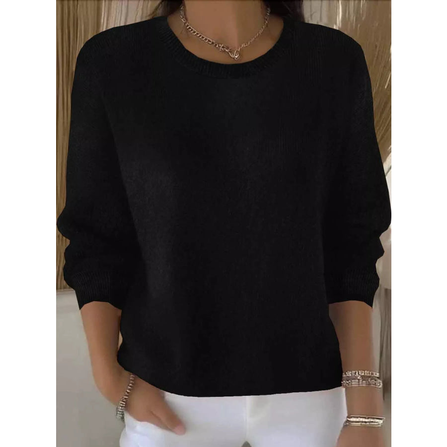 Full Size Classic Crew Neck Sweater Plus Black / S Apparel and Accessories