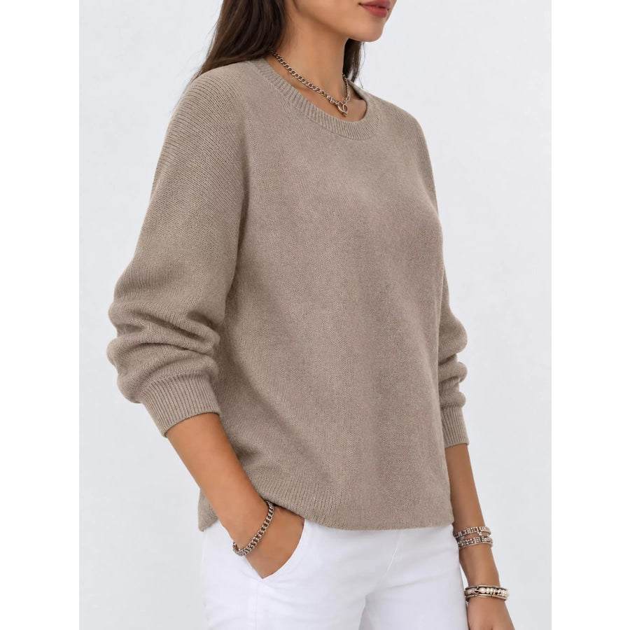 Full Size Classic Crew Neck Sweater Plus Camel / S Apparel and Accessories