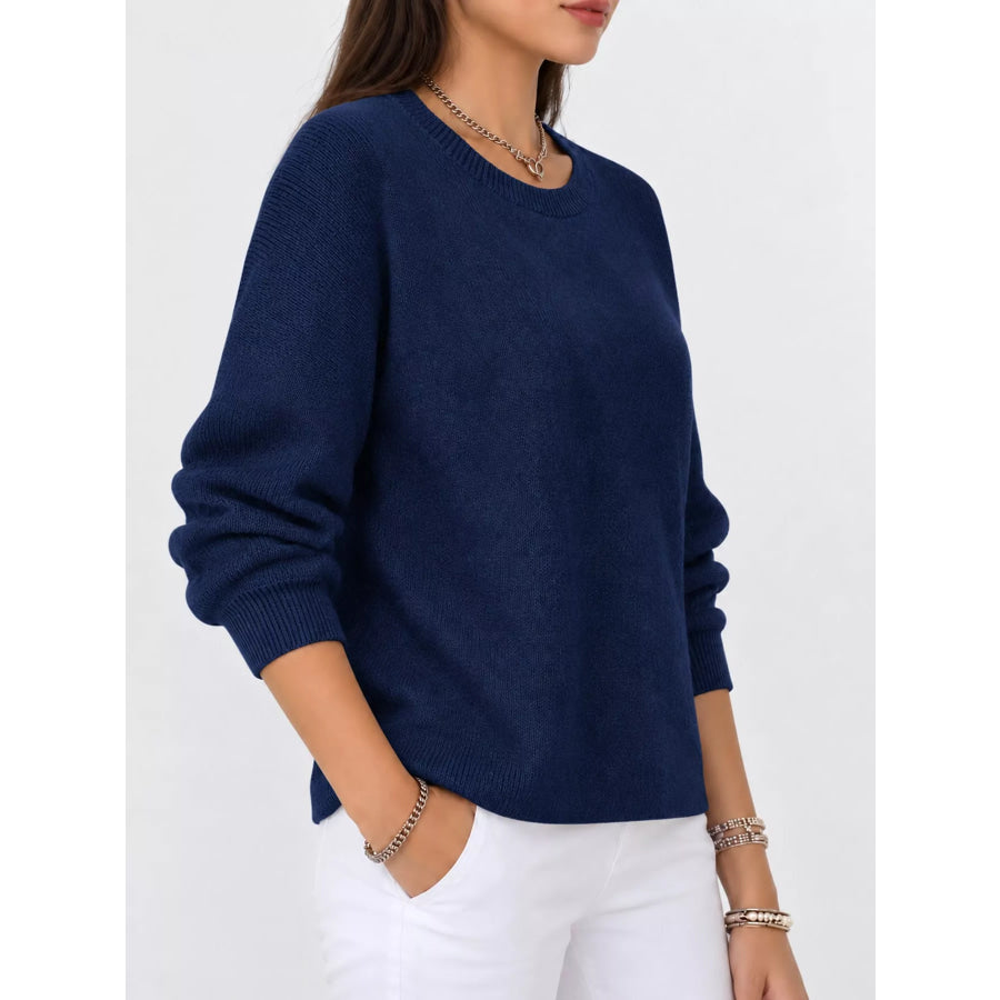 Full Size Classic Crew Neck Sweater Plus Dark Blue / S Apparel and Accessories