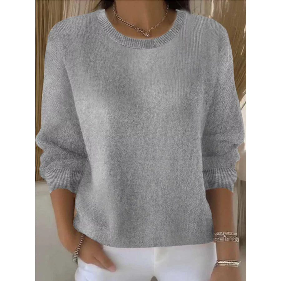 Full Size Classic Crew Neck Sweater Plus Gray / S Apparel and Accessories