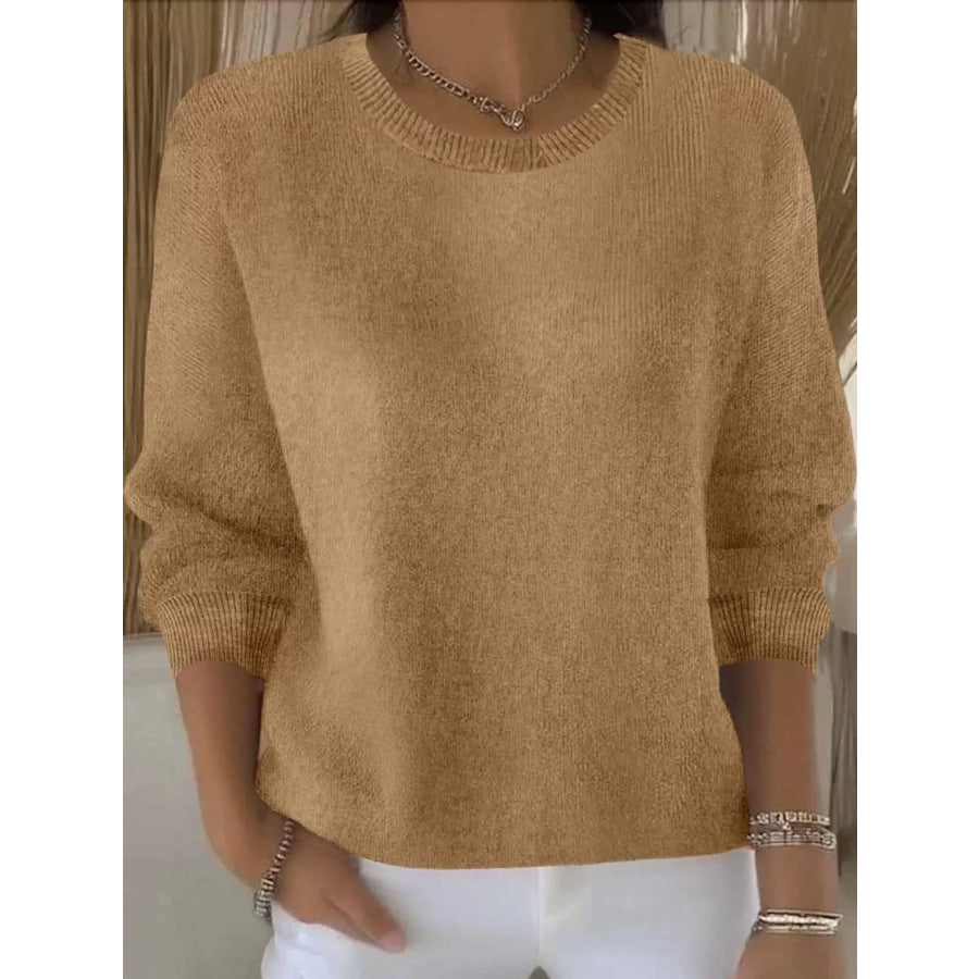 Full Size Classic Crew Neck Sweater Plus Khaki / S Apparel and Accessories