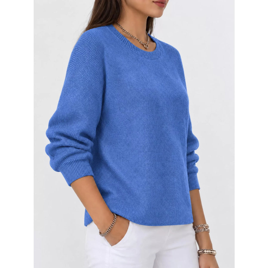 Full Size Classic Crew Neck Sweater Plus Light Blue / S Apparel and Accessories