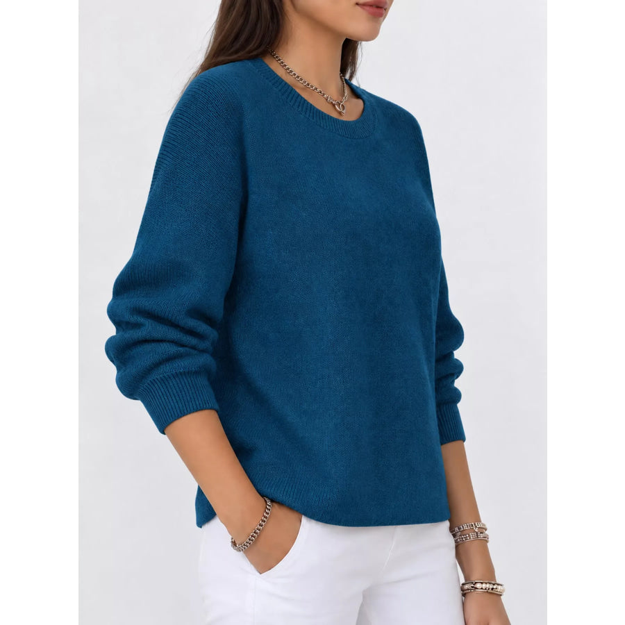 Full Size Classic Crew Neck Sweater Plus Peacock Blue / S Apparel and Accessories