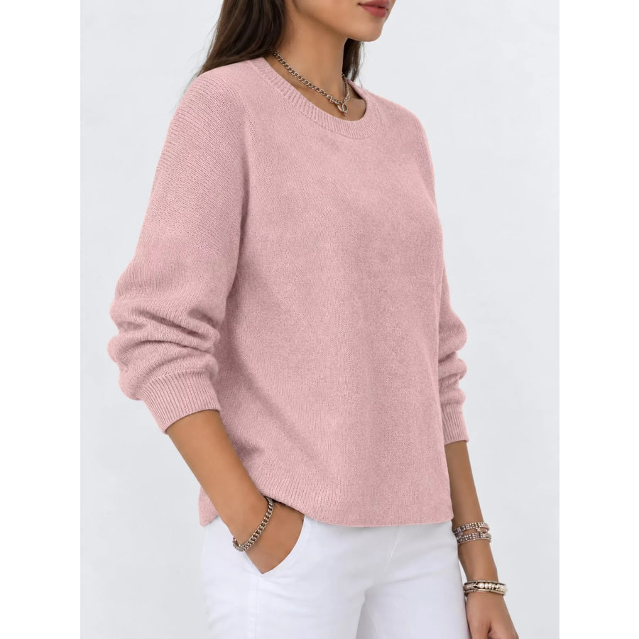 Full Size Classic Crew Neck Sweater Plus Pink / S Apparel and Accessories