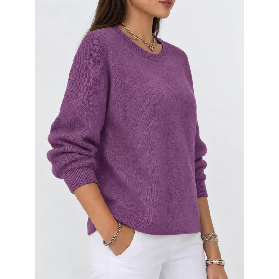 Full Size Classic Crew Neck Sweater Plus Purple / S Apparel and Accessories