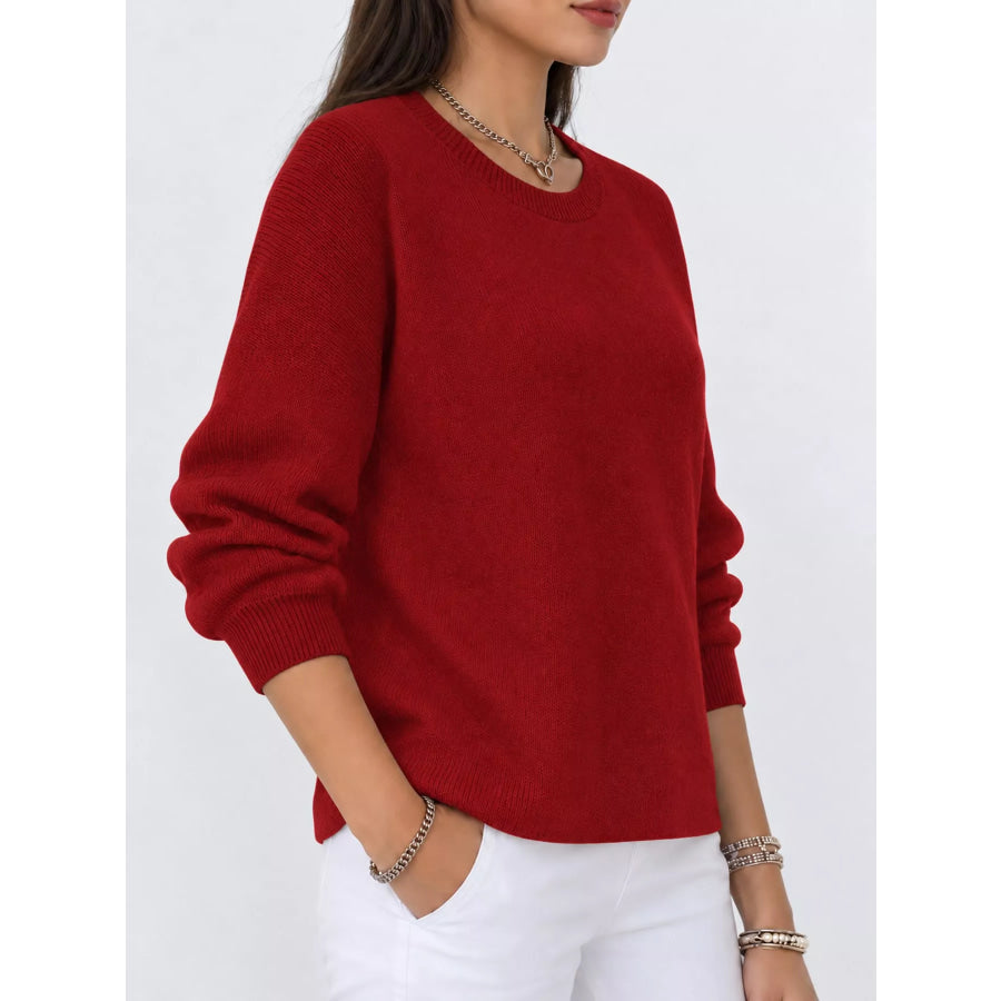 Full Size Classic Crew Neck Sweater Plus Red / S Apparel and Accessories
