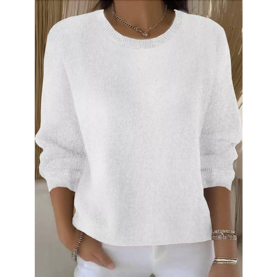 Full Size Classic Crew Neck Sweater Plus White / S Apparel and Accessories