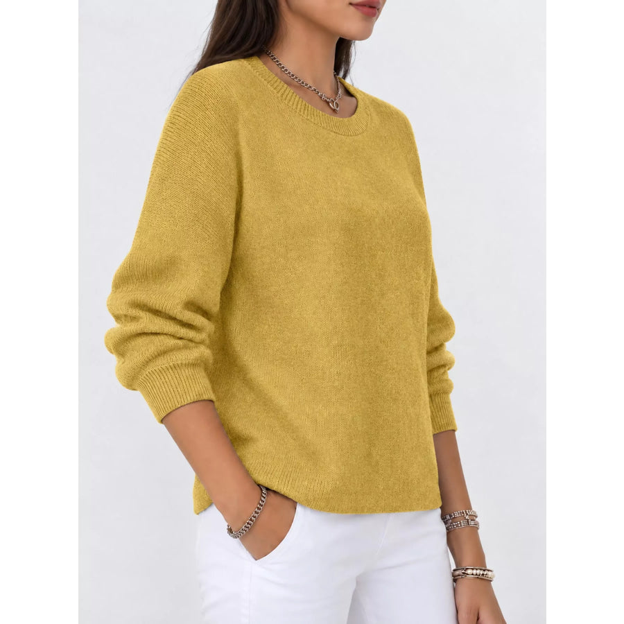 Full Size Classic Crew Neck Sweater Plus Yellow / S Apparel and Accessories
