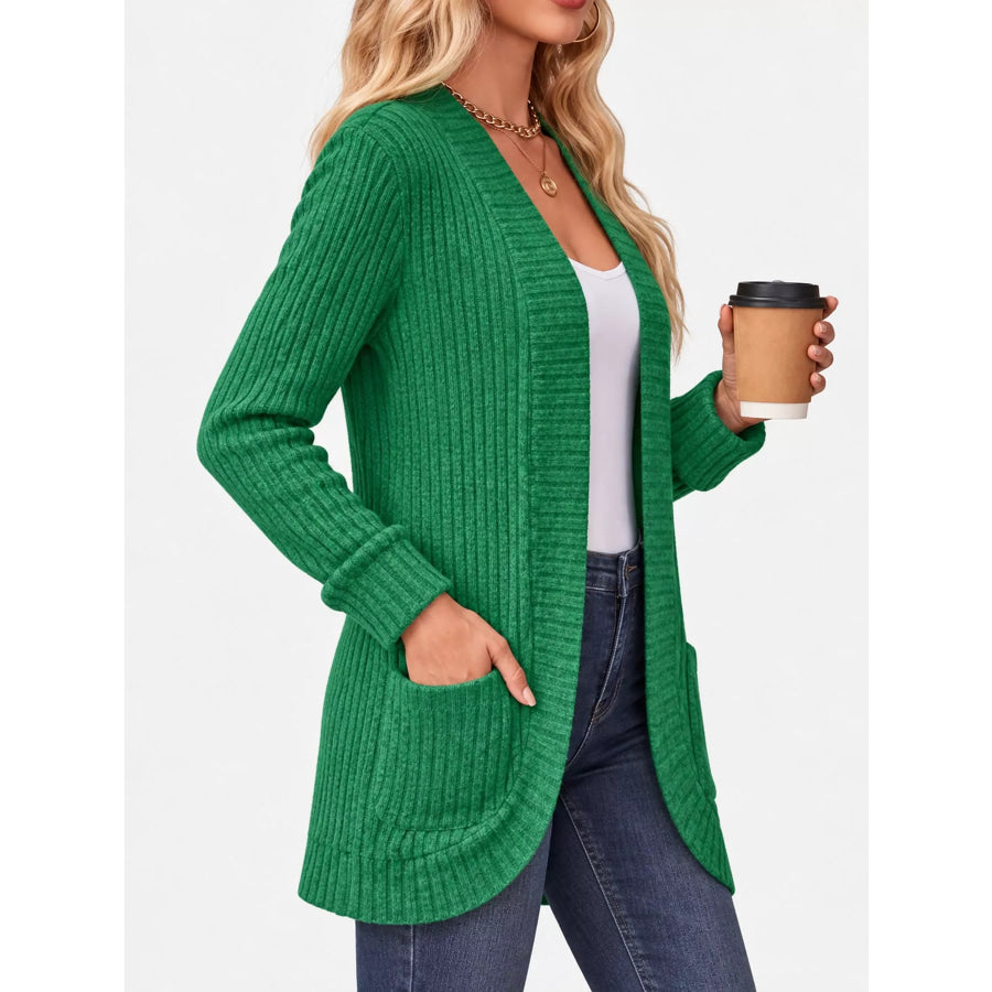 Full Size Classic Ribbed Open-Front Longline Cardigan Plus Apparel and Accessories
