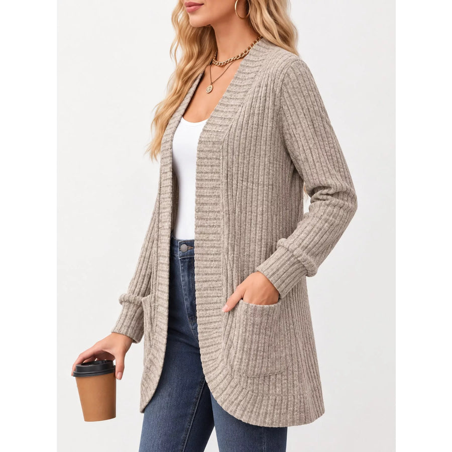Full Size Classic Ribbed Open-Front Longline Cardigan Plus Apparel and Accessories