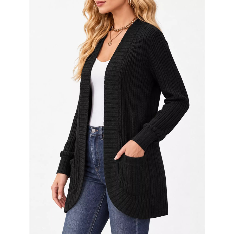 Full Size Classic Ribbed Open-Front Longline Cardigan Plus Apparel and Accessories