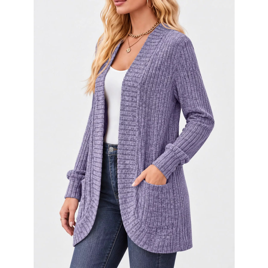 Full Size Classic Ribbed Open-Front Longline Cardigan Plus Apparel and Accessories