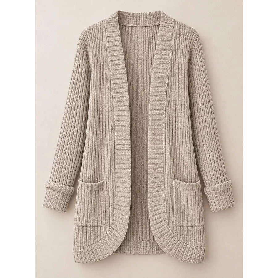 Full Size Classic Ribbed Open-Front Longline Cardigan Plus Apparel and Accessories