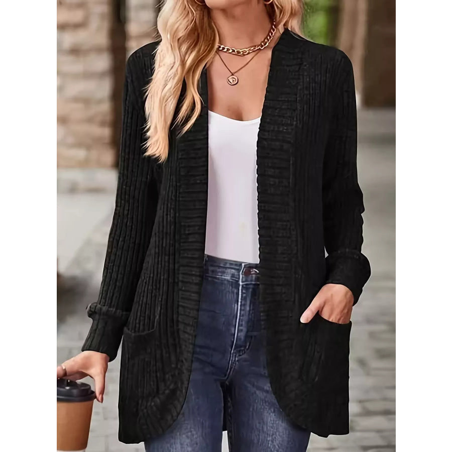 Full Size Classic Ribbed Open-Front Longline Cardigan Plus Black / S Apparel and Accessories