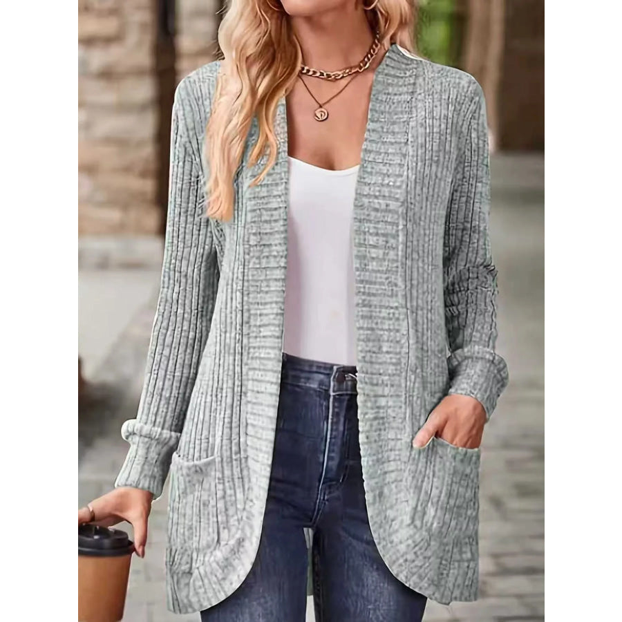 Full Size Classic Ribbed Open-Front Longline Cardigan Plus Gray / S Apparel and Accessories