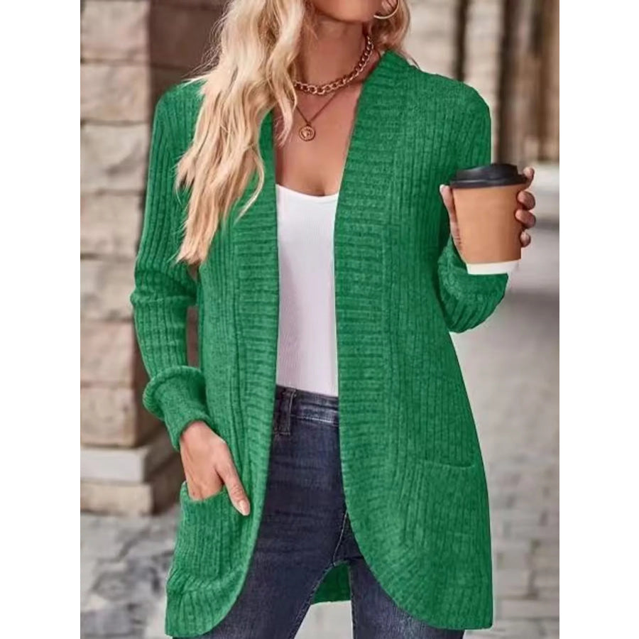 Full Size Classic Ribbed Open-Front Longline Cardigan Plus Green / S Apparel and Accessories