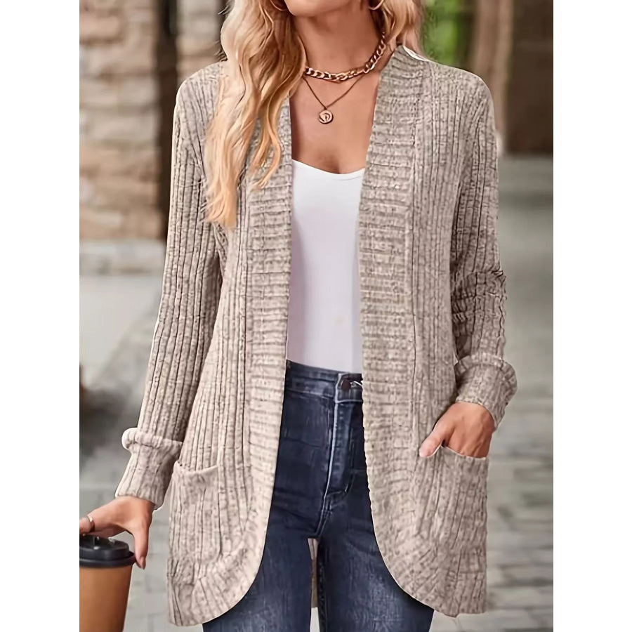 Full Size Classic Ribbed Open-Front Longline Cardigan Plus Khaki / S Apparel and Accessories
